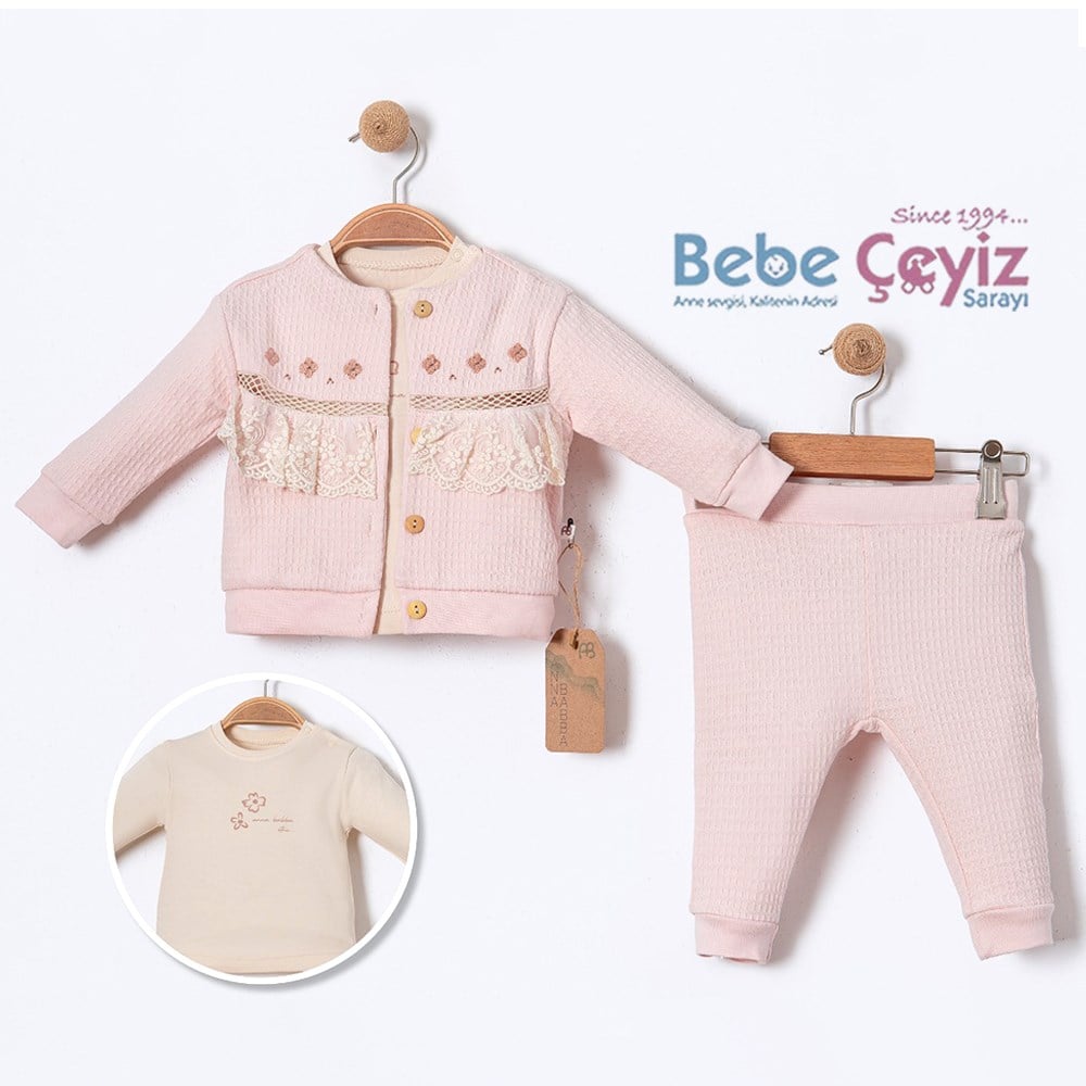 ANNABABBA  Ruffle Hırkalı 3'lü Takım ( Pembe )