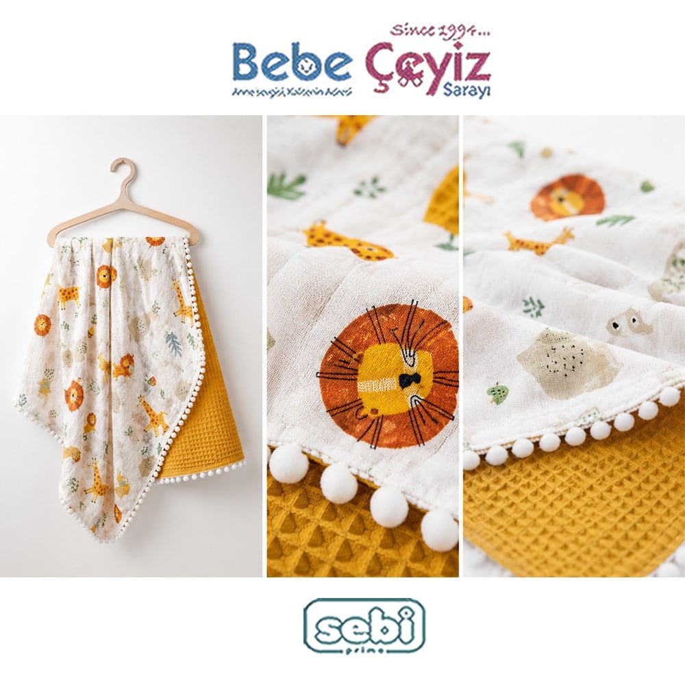 Sebi Çift Kat Ponponlu Müslin Bebek Battaniyesi (80x90)