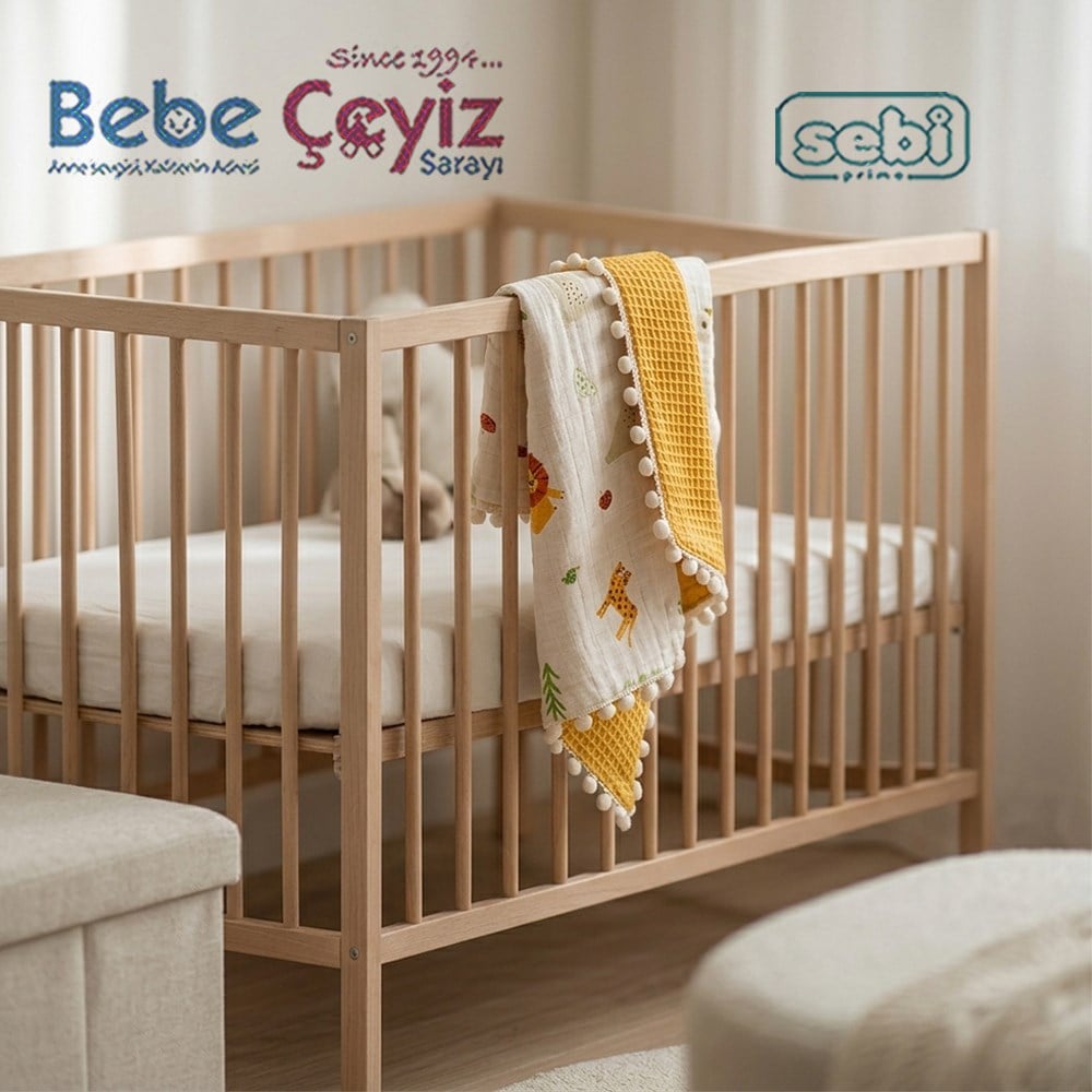 Sebi Çift Kat Ponponlu Müslin Bebek Battaniyesi (80x90)