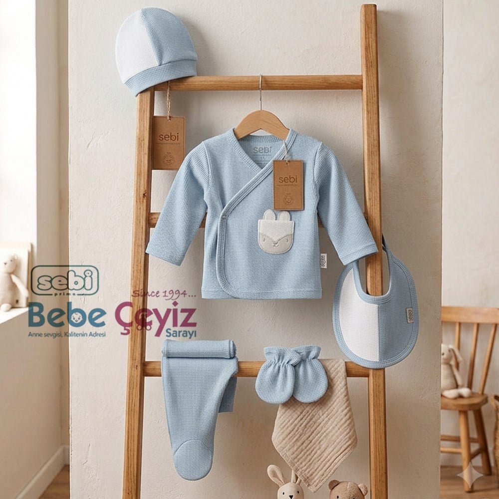 SEBİ PRİME Cepli Kedili Waffle 5'li Hastane Çıkışı ( Mavi )