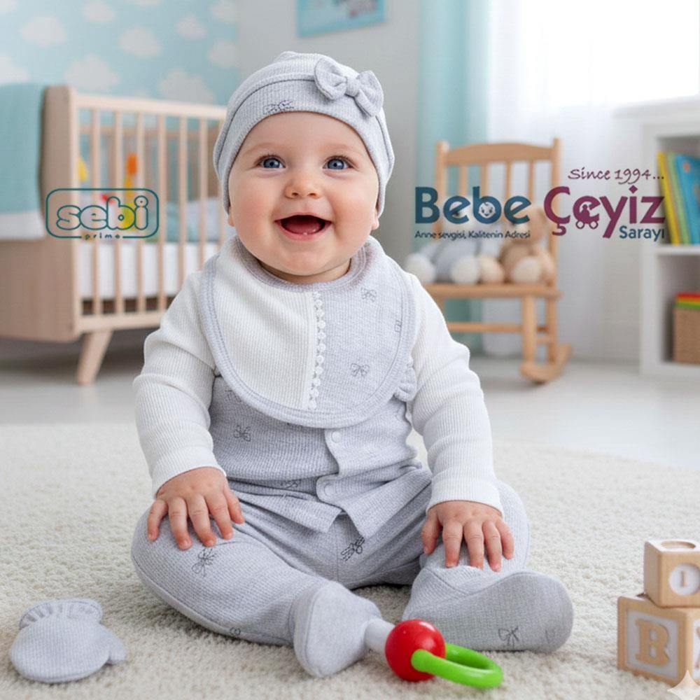SEBİ PRİME Fiyonk Desenli 5'li Hastane Çıkışı ( Gri ) ( 0-3 Ay )