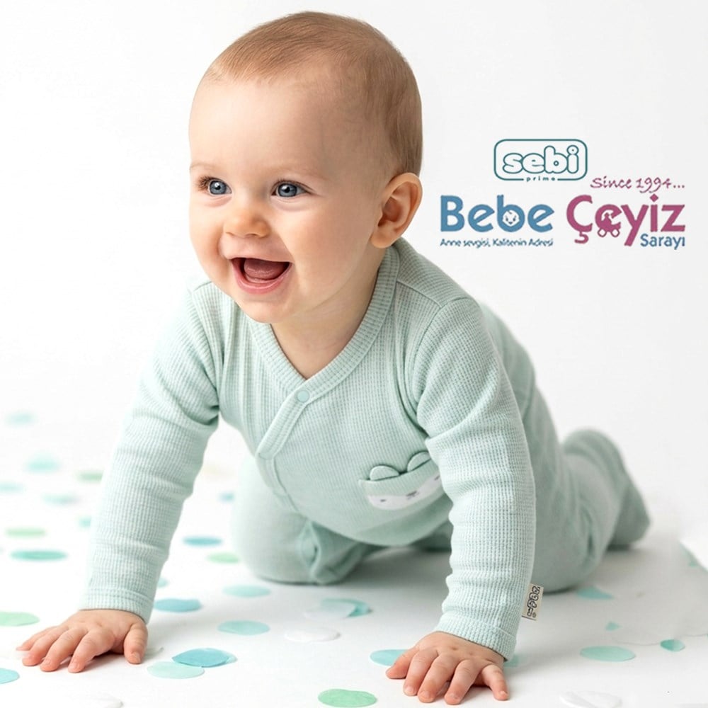 SEBİ PRİME Kedili Kruvaze Waffle Tulum ( Mint )