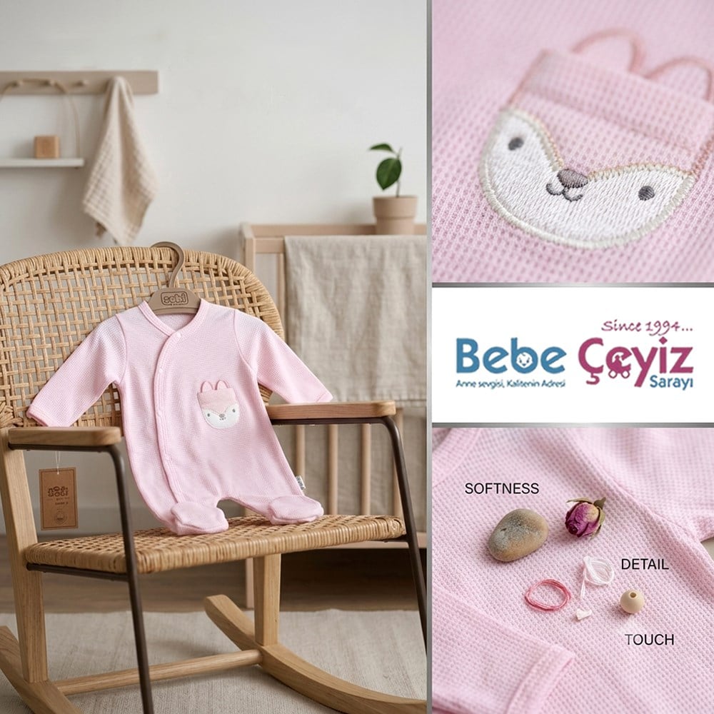 SEBİ PRİME Kedili Kruvaze Waffle Tulum ( Pembe )