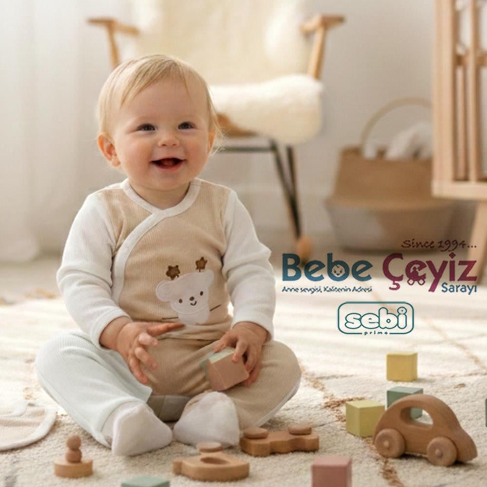 SEBİ PRİME  Waffle Kumaş Yıldız Ayılı 5'li Hastane Çıkışı ( Bej ) ( 0-3 Ay )
