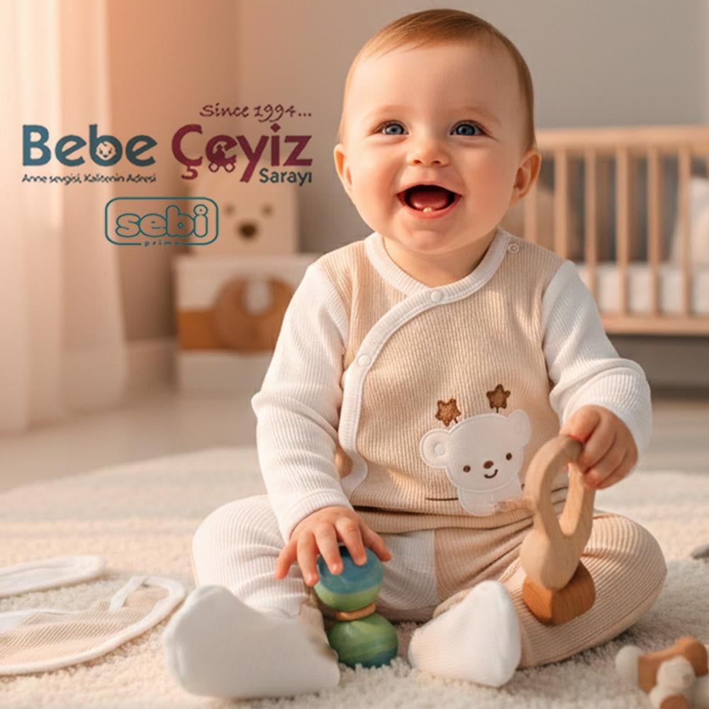 SEBİ PRİME  Waffle Kumaş Yıldız Ayılı 5'li Hastane Çıkışı ( Bej ) ( 0-3 Ay )