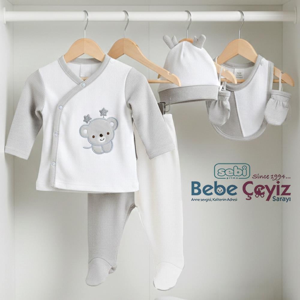 SEBİ PRİME  Waffle Kumaş Yıldız Ayılı 5'li Hastane Çıkışı ( Gri ) ( 0-3 Ay )