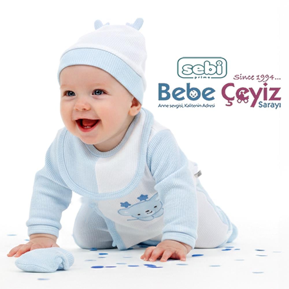 SEBİ PRİME  Waffle Kumaş Yıldız Ayılı 5'li Hastane Çıkışı ( Mavi ) ( 0-3 Ay )