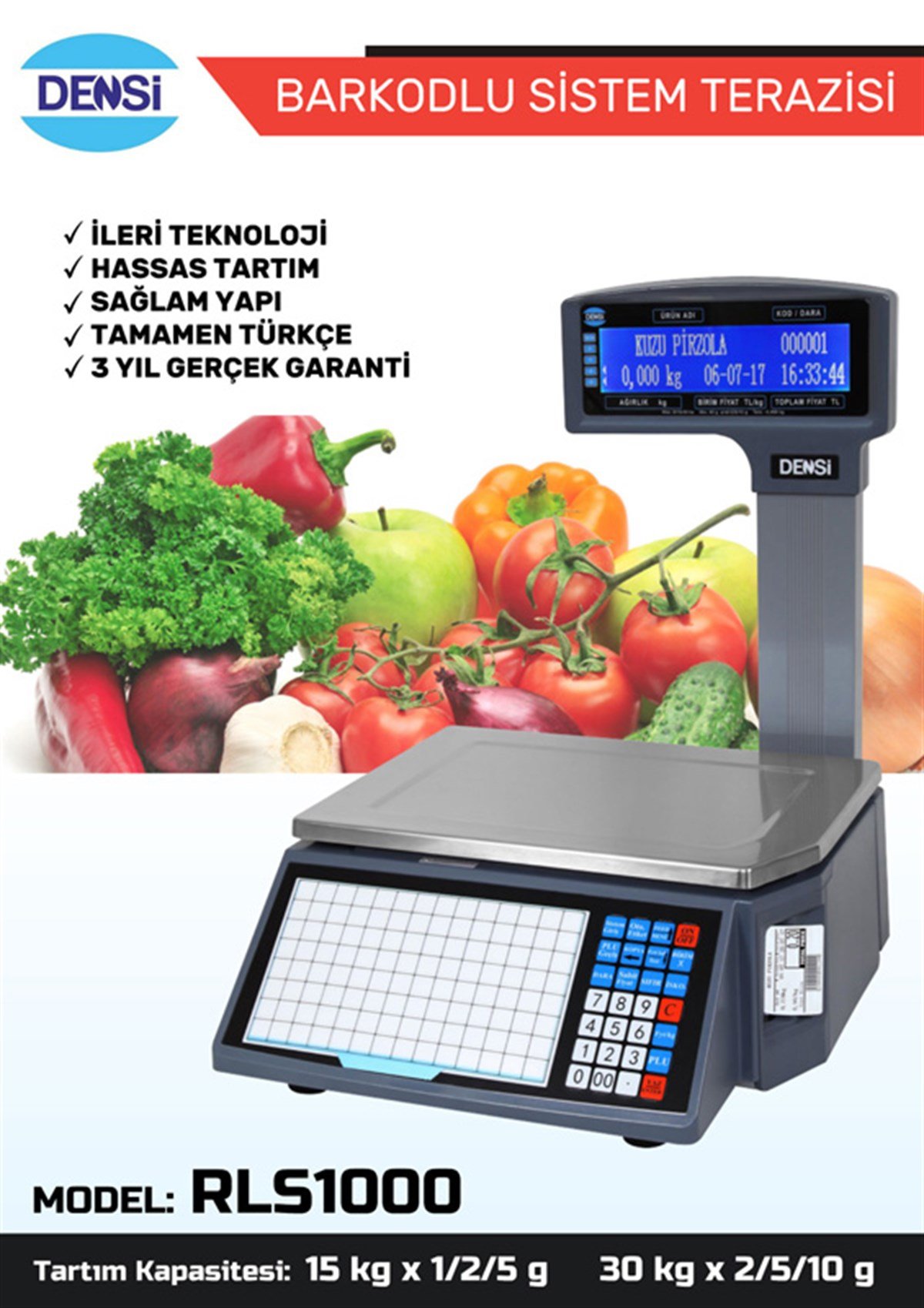 densi rls1000-30 model barkodlu terazi