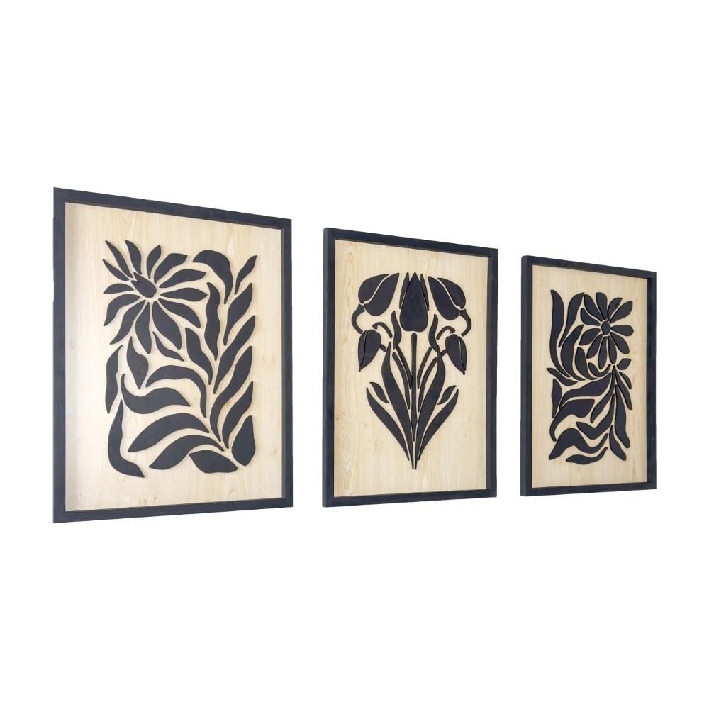 ·Çiçek· 3'lü Set Soyut Ahşap Duvar Tablosu