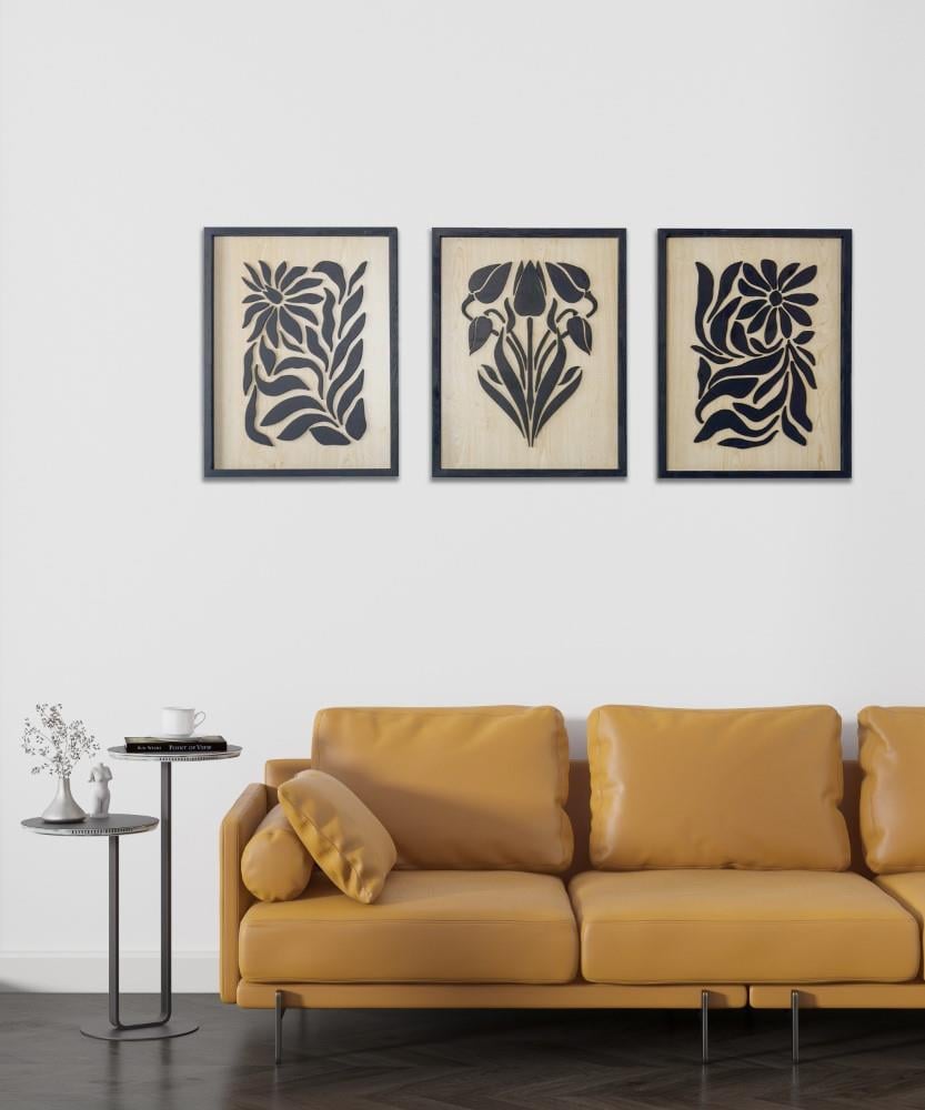 ·Çiçek· 3'lü Set Soyut Ahşap Duvar Tablosu