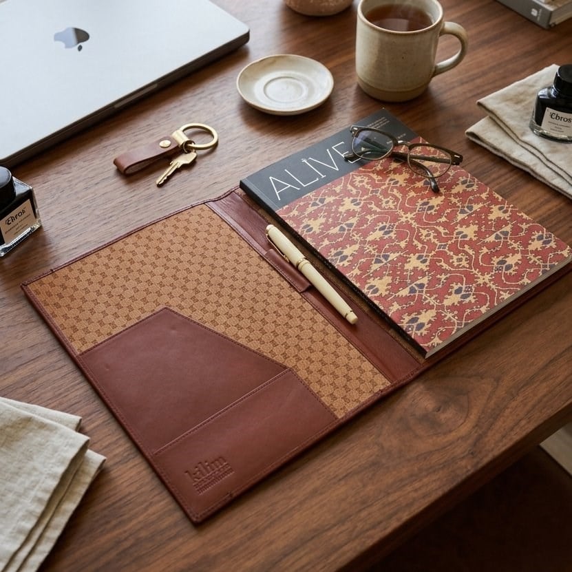 Antika Kilim Detaylı A4 Boyutunda Taba Renk Deri Organizer