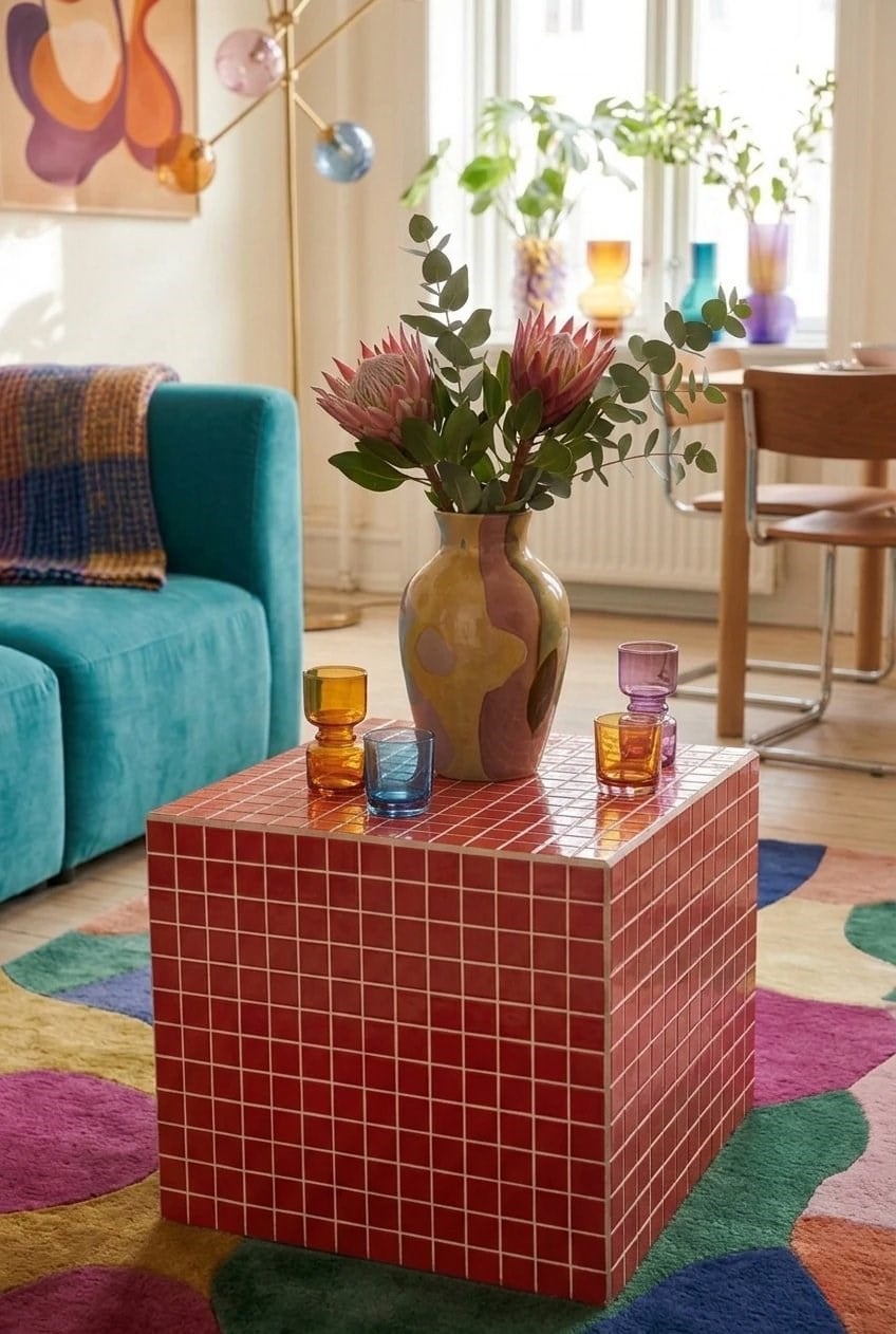 Aurora Cube Kırmızı Mozaik Yan Sehpa