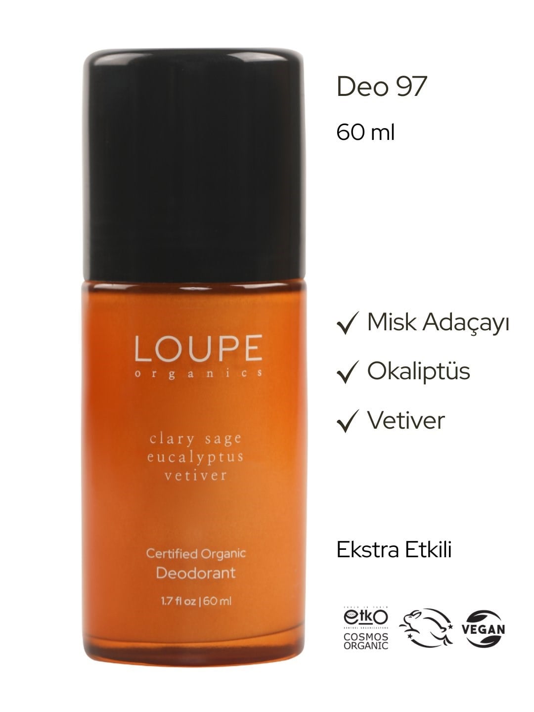 Deo97 60 ml | Bioaktif Deodorant. Sertifikalı Organik. %100 Doğal | Misk Adaçayı. Okaliptüs. Vetiver.