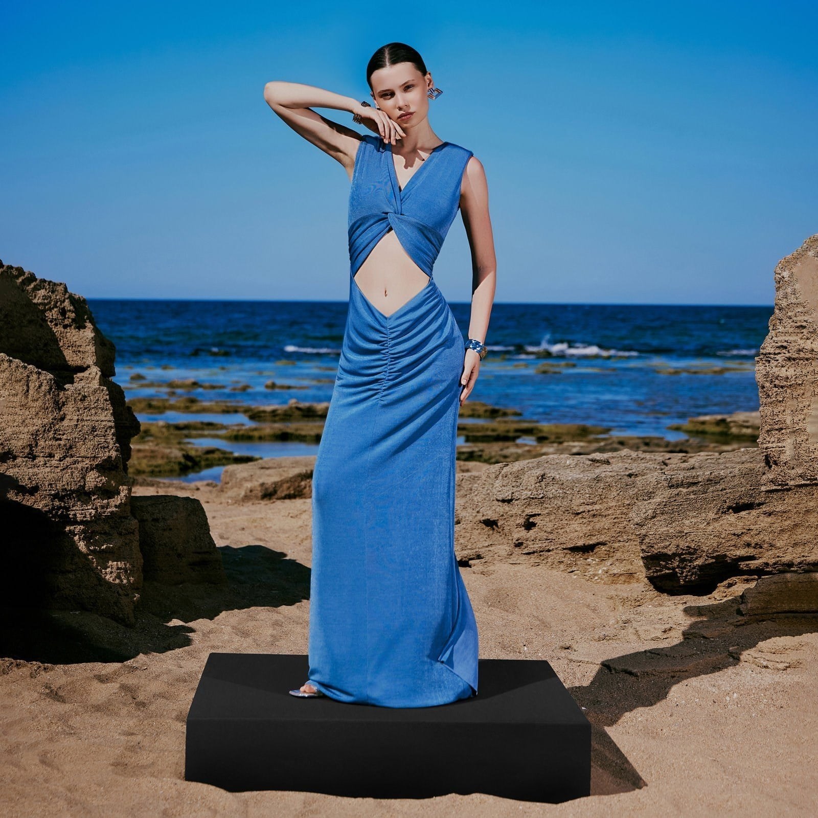 Elin Ruched Maxi Dress in Blue