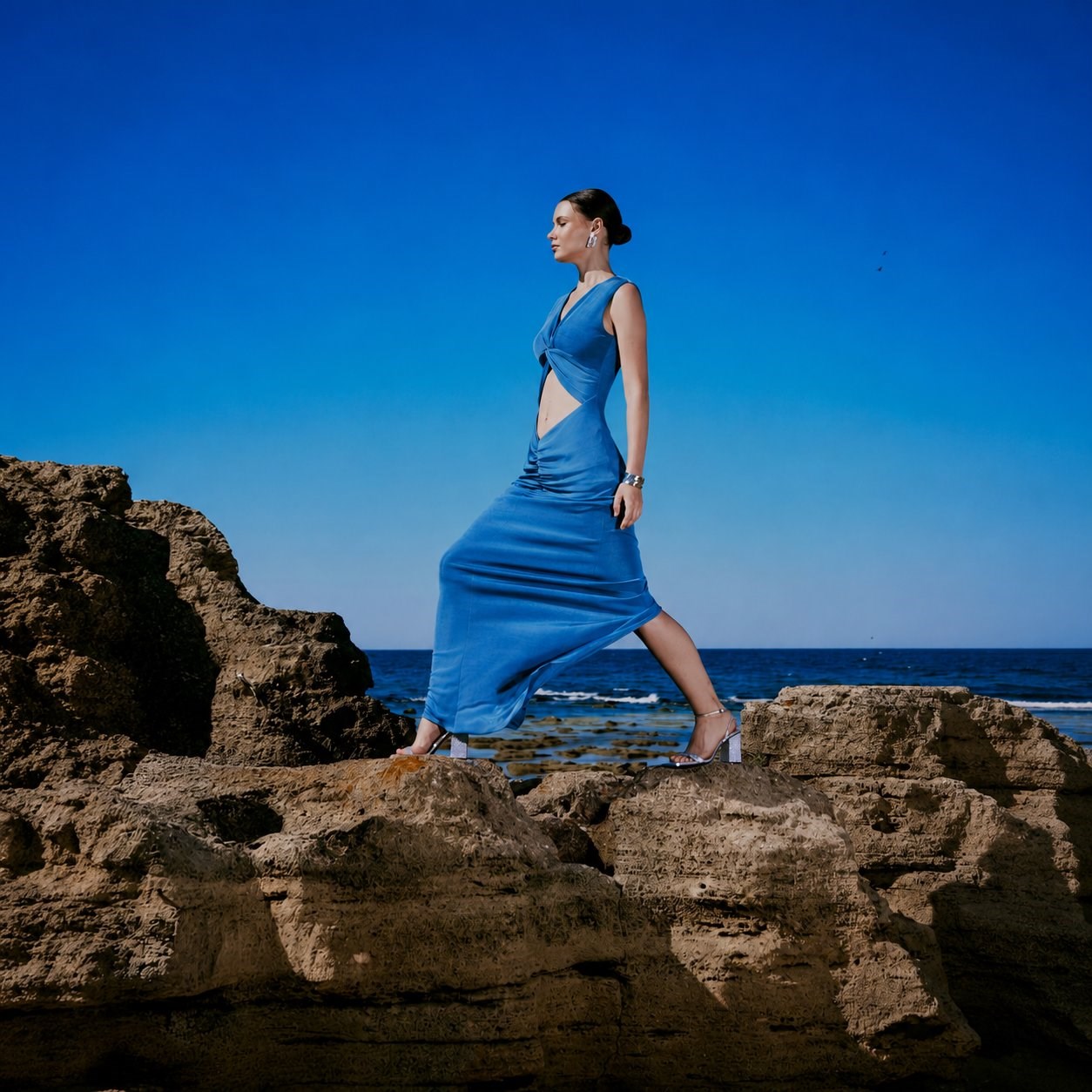 Elin Ruched Maxi Dress in Blue