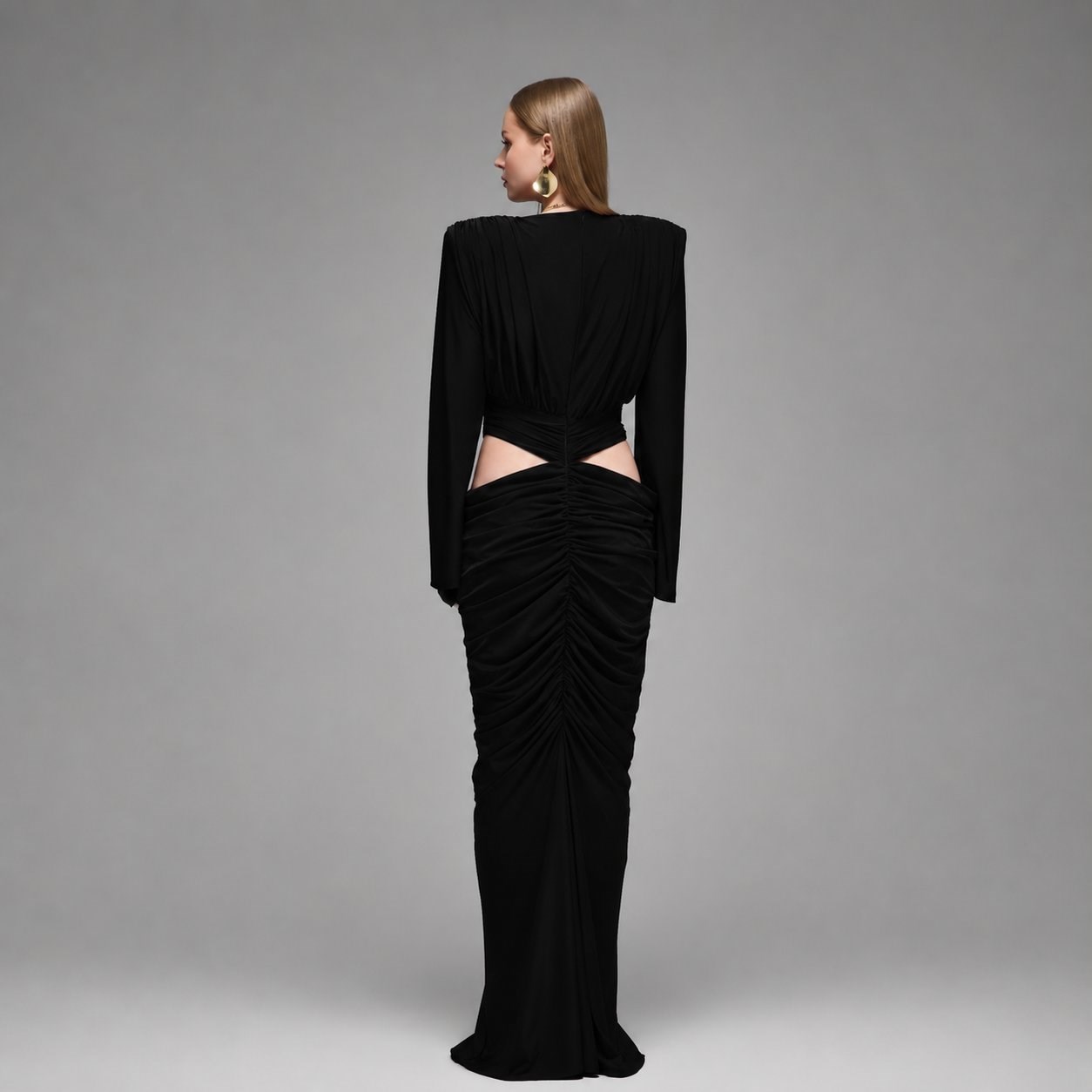 Embla Ruched &  Cut- out Detailed Maxi Dress in Black