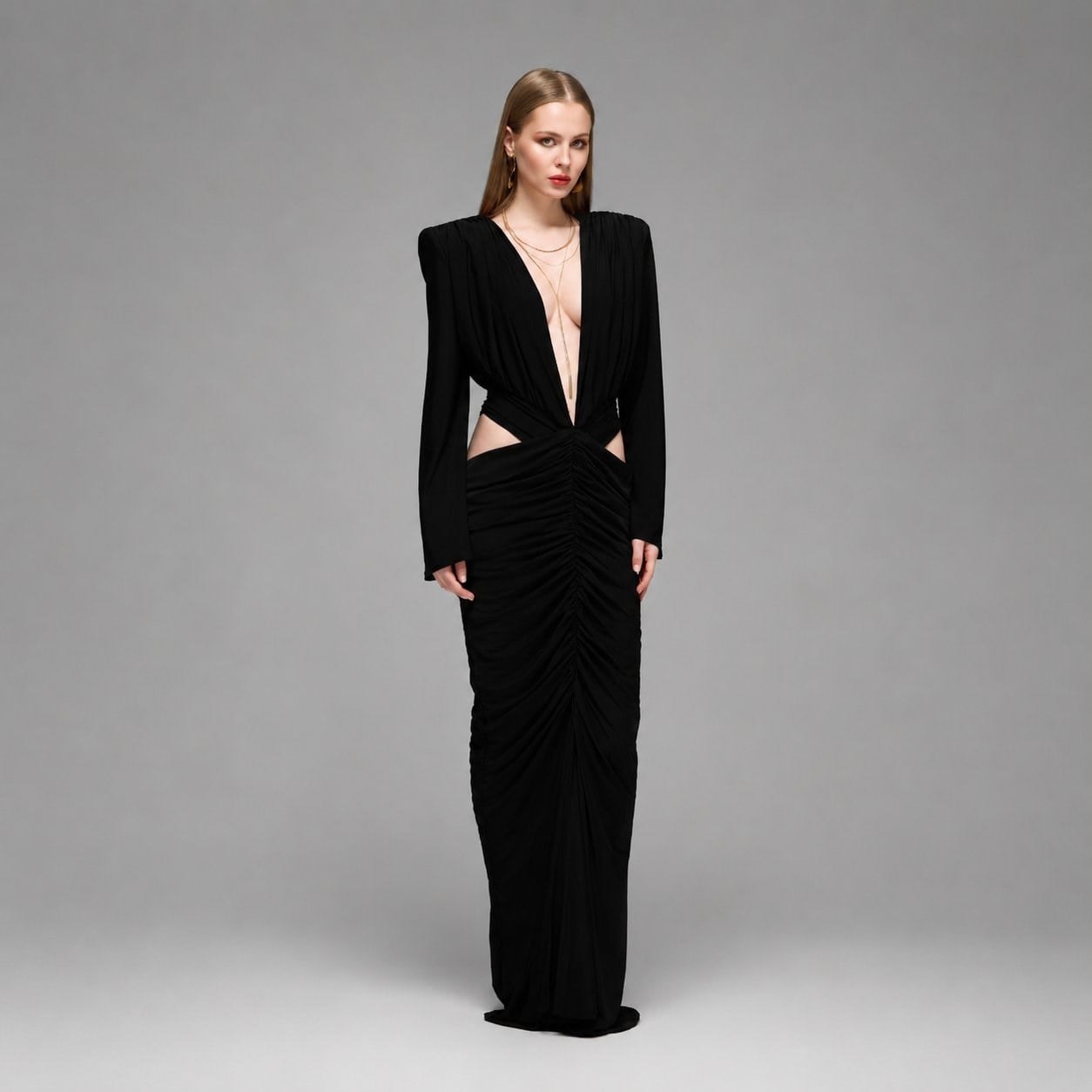 Embla Ruched &  Cut- out Detailed Maxi Dress in Black