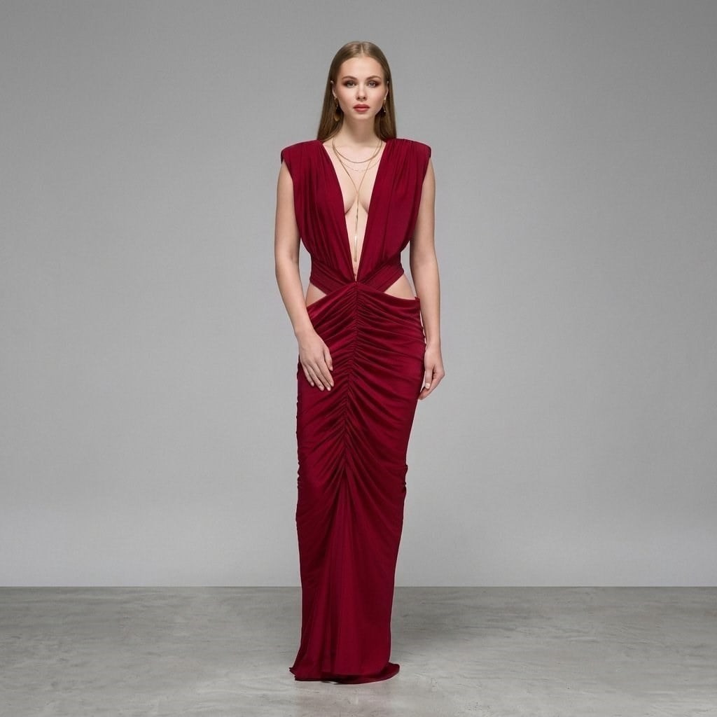 Embla Ruched & Cut- out Detailed Maxi Dress in Burgundy