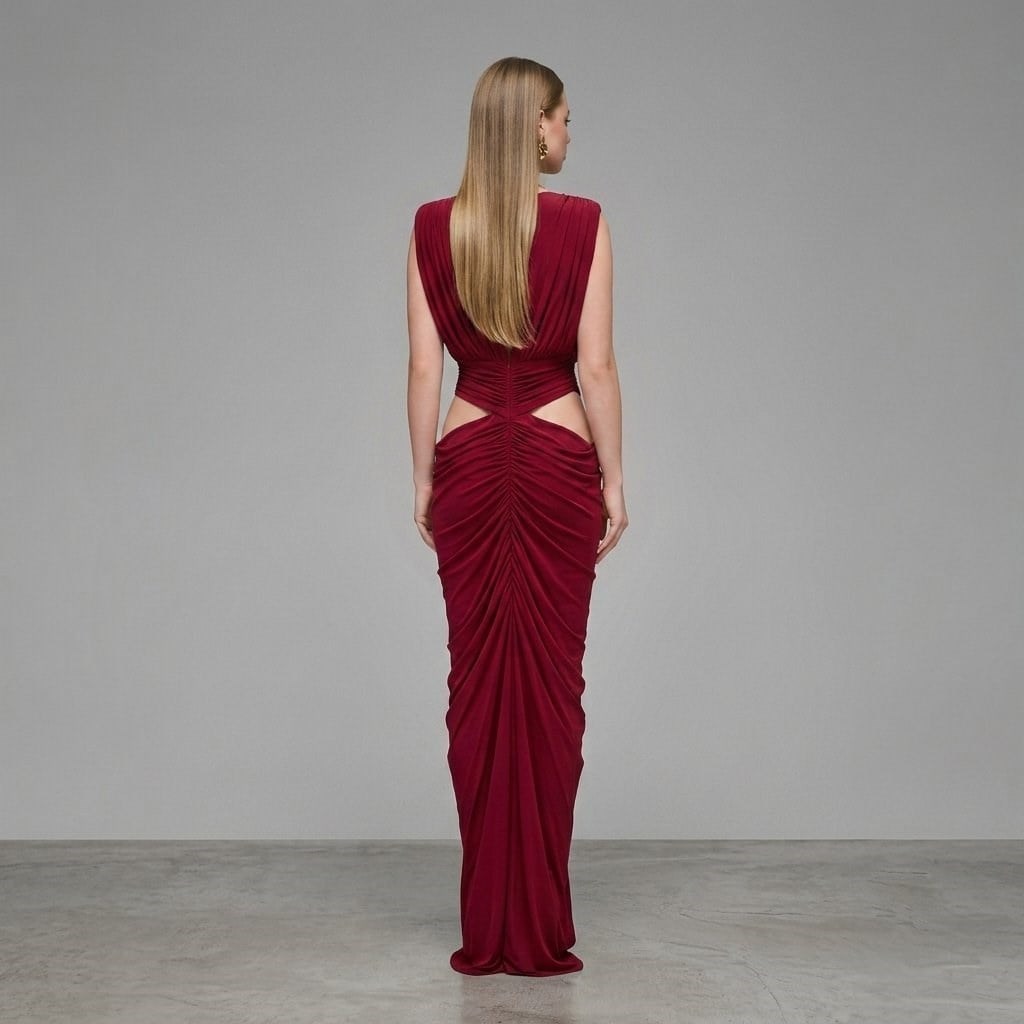 Embla Ruched & Cut- out Detailed Maxi Dress in Burgundy