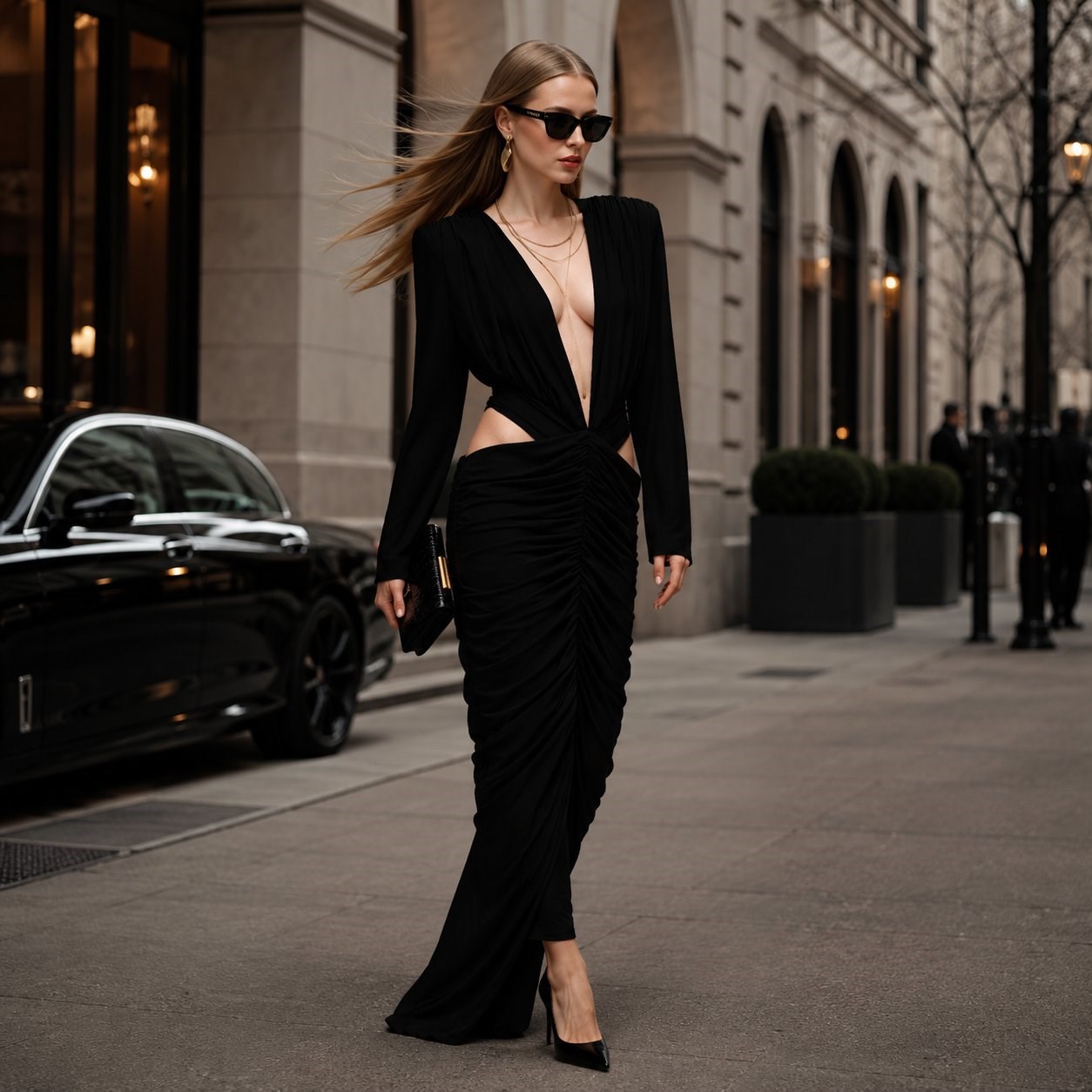 Embla Ruched &  Cut- out Detailed Maxi Dress in Black