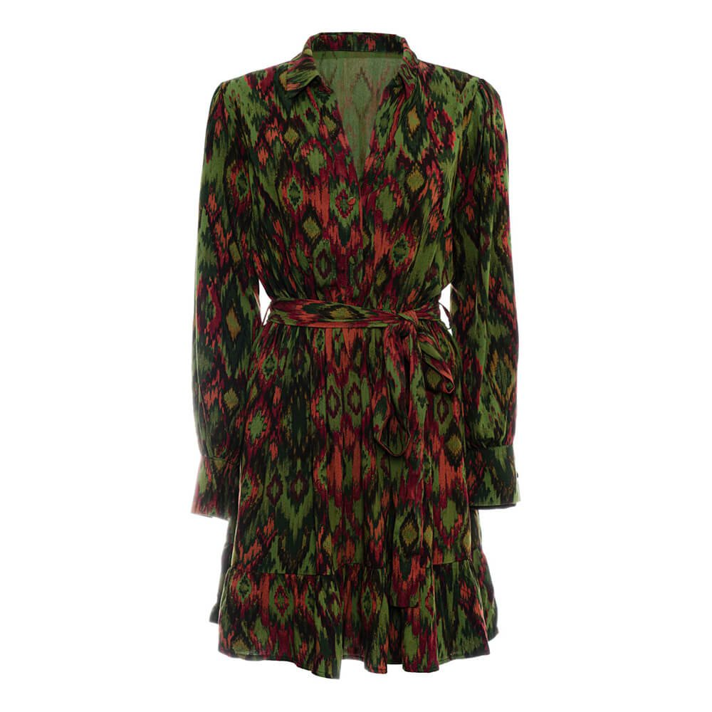 Ikat Fırfırlı Mini Elbise - Haki