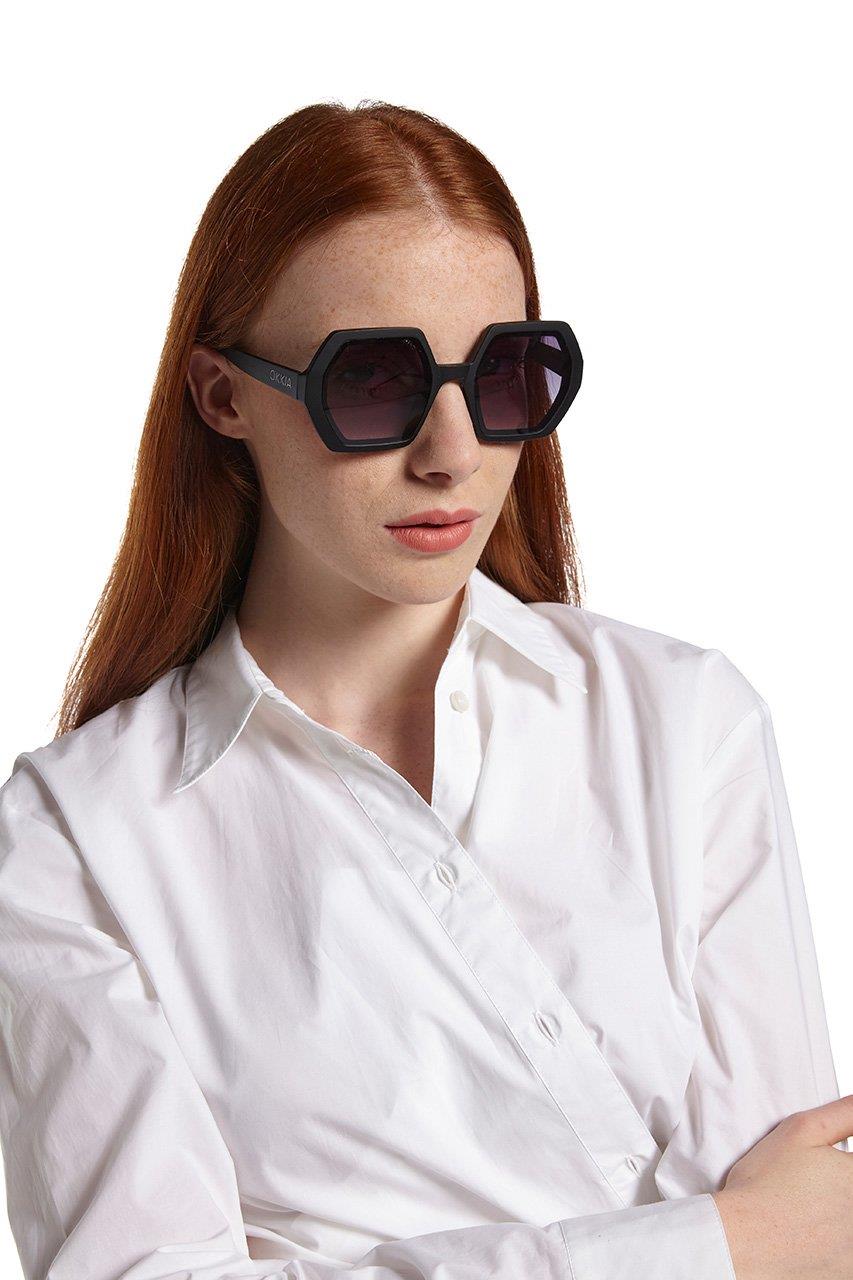 Okkia Emma Big Hexagonal Unisex Güneş Gözlüğü Siyah