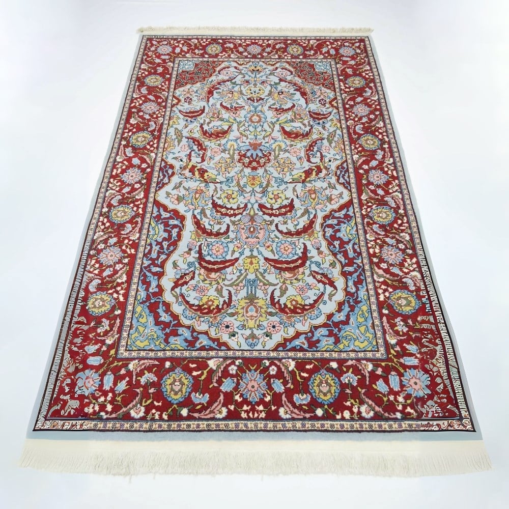 Orijinal Sümerbank Mihraplı Hereke El Dokuma Mavi ve Bordo Renk Yün Halı 112x181 cm