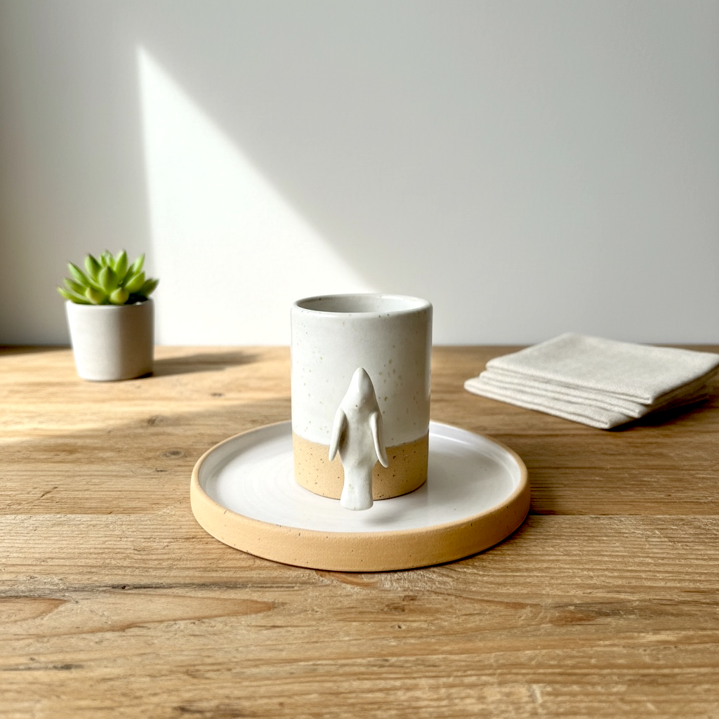Stoneware Kuş Figürlü Bej Kahve Fincanı