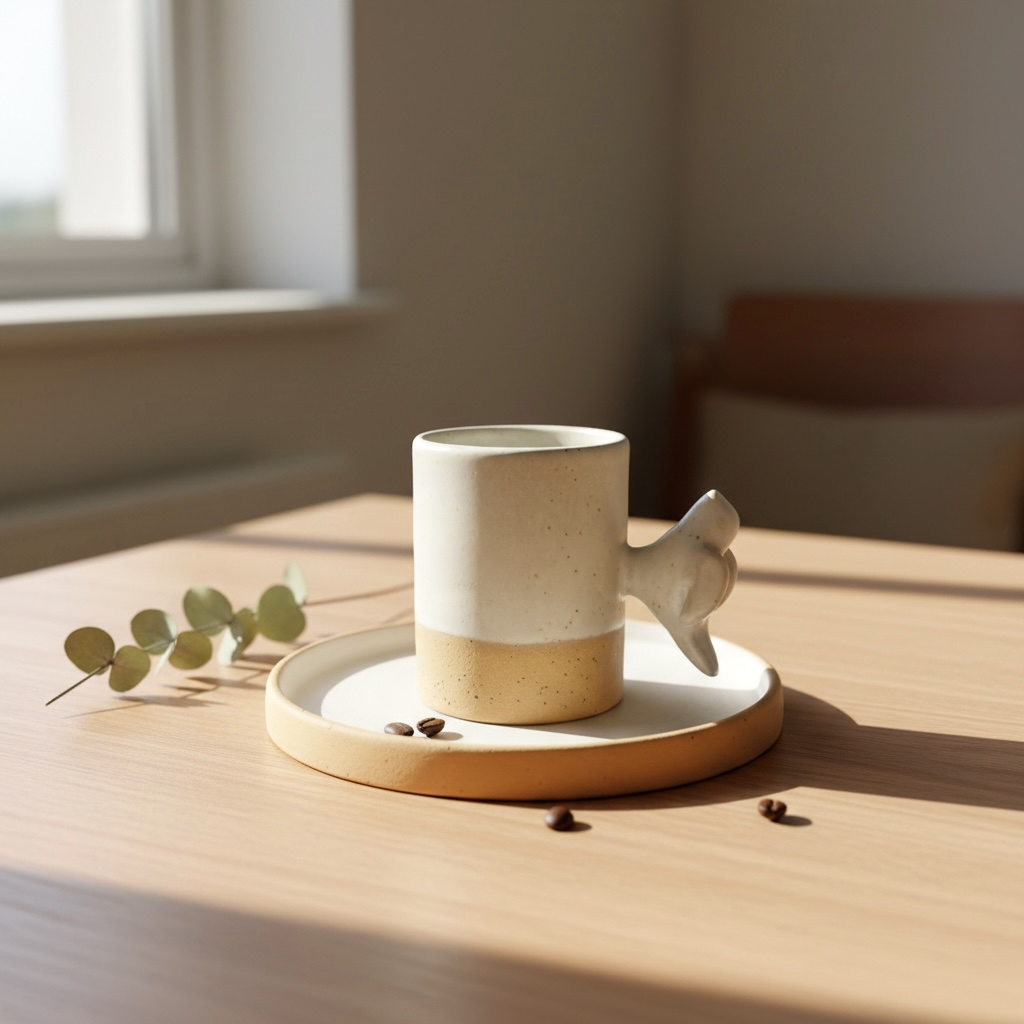 Stoneware Kuş Figürlü Bej Kahve Fincanı