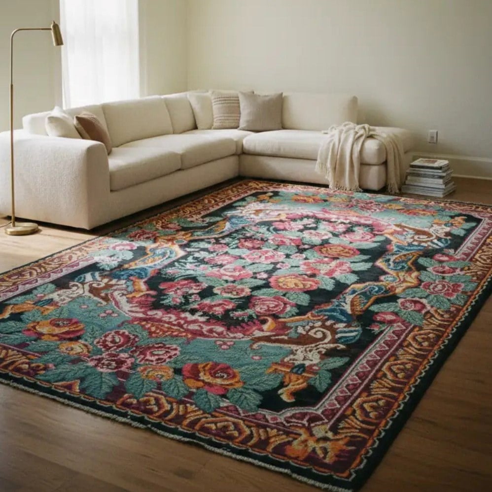 Vintage Karabağ El Dokuma Kilim, Çok Renkli Çiçek Desenli 215x340 cm