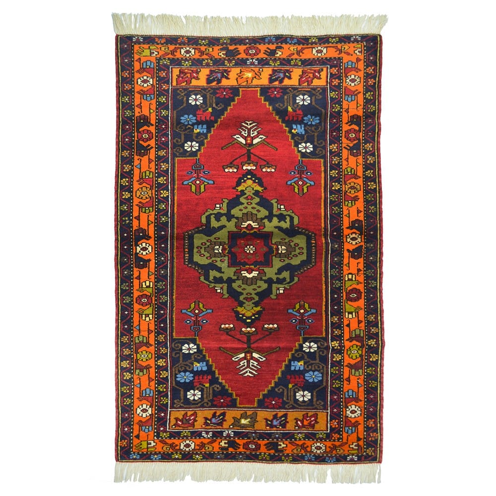 Vintage Niğde El Dokuma Halısı, Madalyon ve Çiçek Motifli 110x190 cm