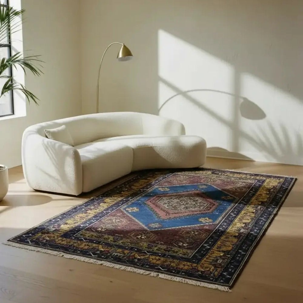 Vintage Yahyalı El Dokuma Halısı, Köy Evi Motifli 125x215 cm