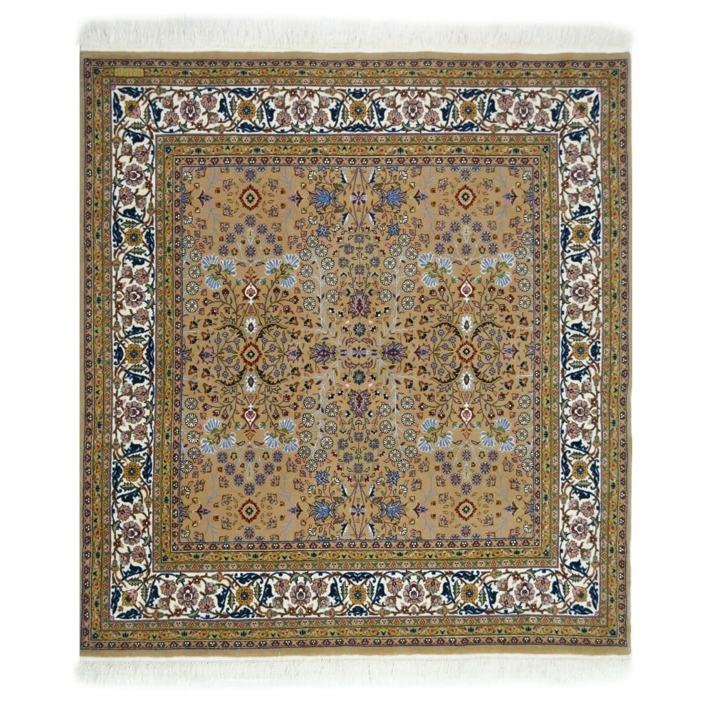 Yedi Dağın Çiçeği Desenli El Dokuma Deve Tüyü Rengi Kare Hereke Halısı 176x176 cm