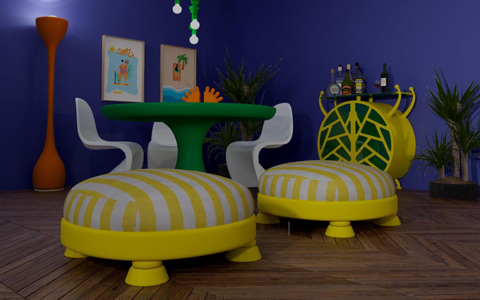 Yellow Mellow Sarı Çizgili Kumaş Puf