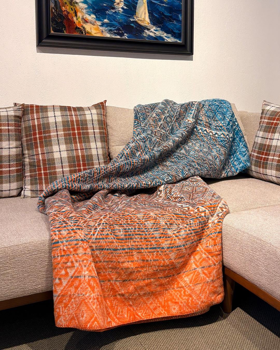 Turuncu Mavi Etnik Desen Pamuk Battaniye (150x200 cm)