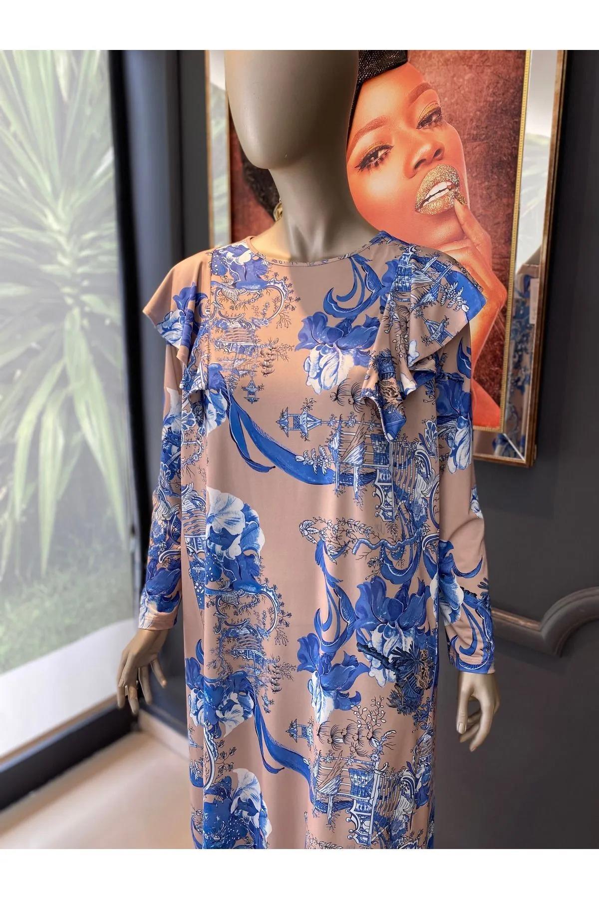 Noitriko Jarse Japanese Summer Desenli Omuzları Volanlı Elbise Saks