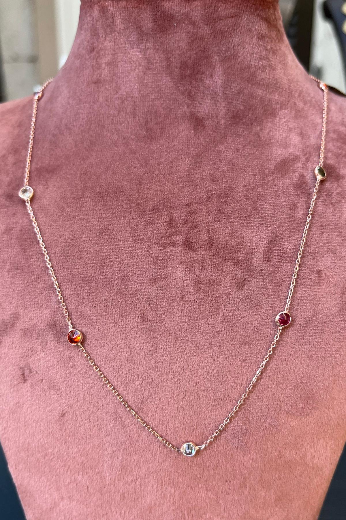 45 Cm Renkli Taşlı Gümüş Kolye By-7754