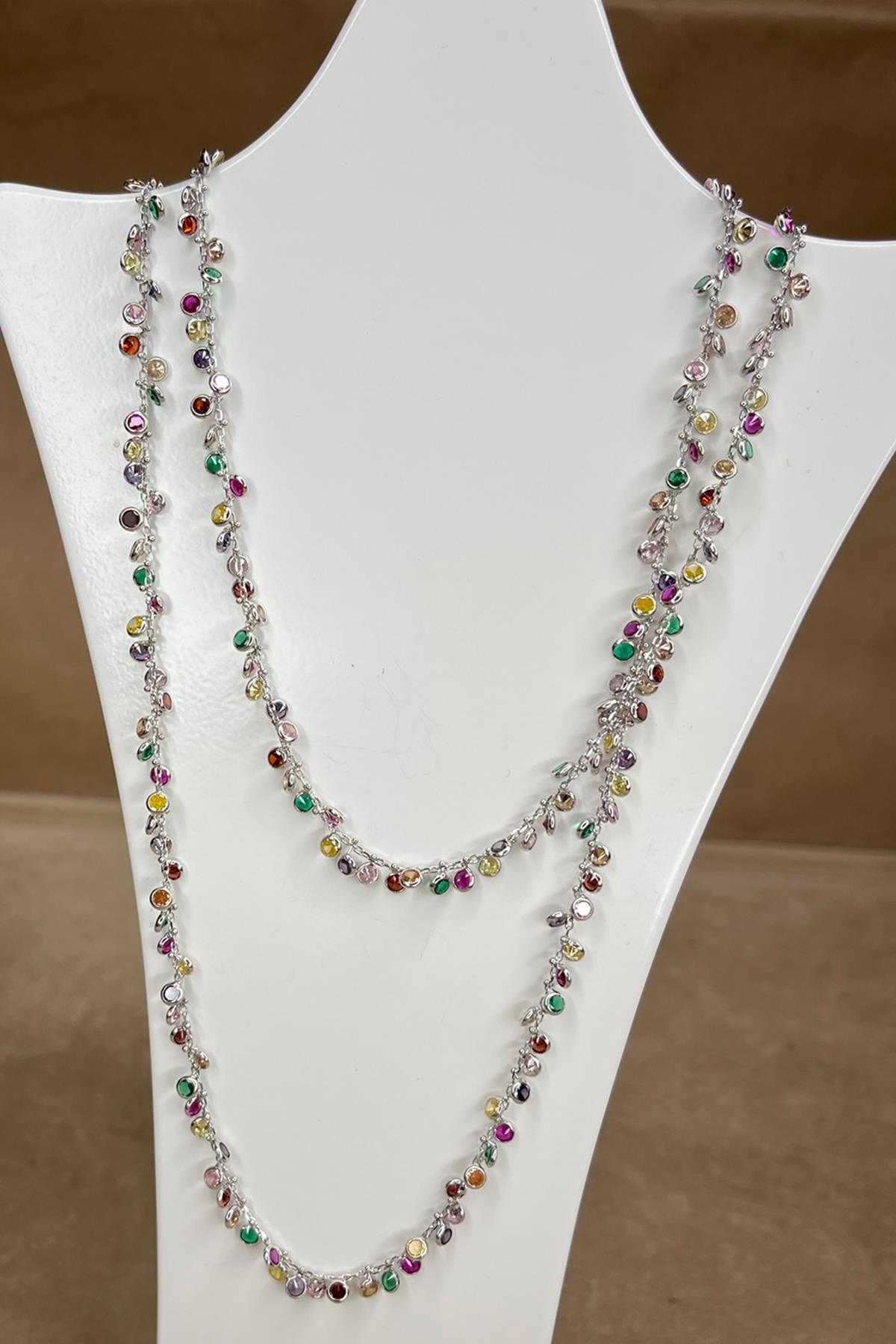 90 Cm Renkli Taşlı Gümüş Kolye By-9005