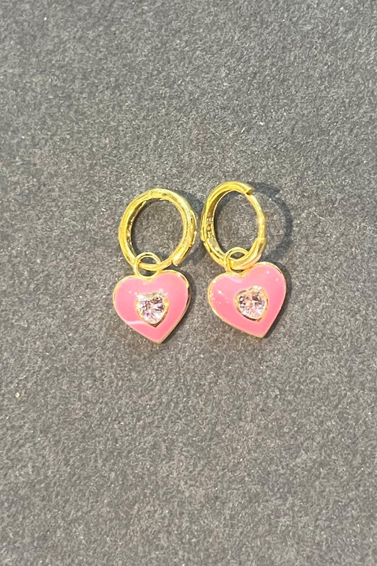 Açık Pembe Kalpli Taşlı Gümüş Halka Küpe By-7331