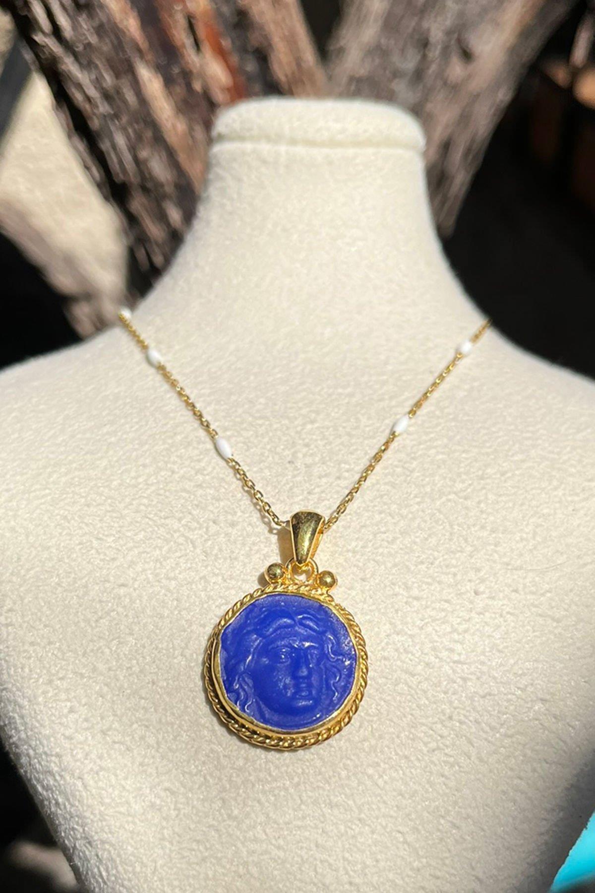 Antik Görünümlü Eskitme Cam Gümüş Kolye By-8661