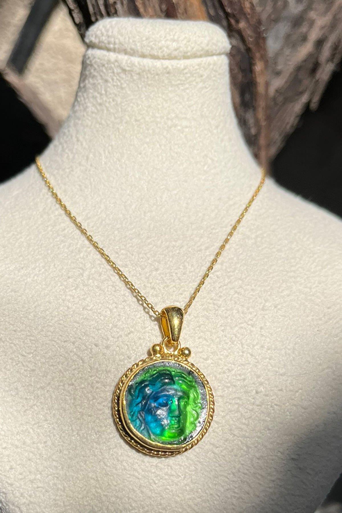 Antik Görünümlü Eskitme Cam Gümüş Kolye By-8662