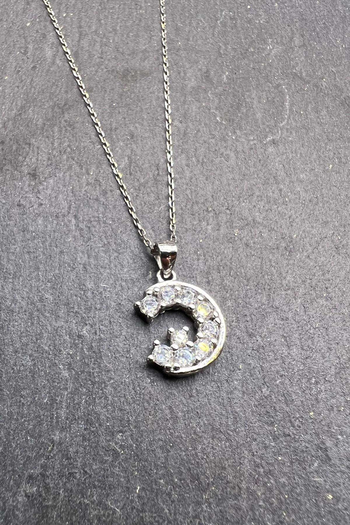 Ay Desenli Taşlı Gümüş Kolye By-5969
