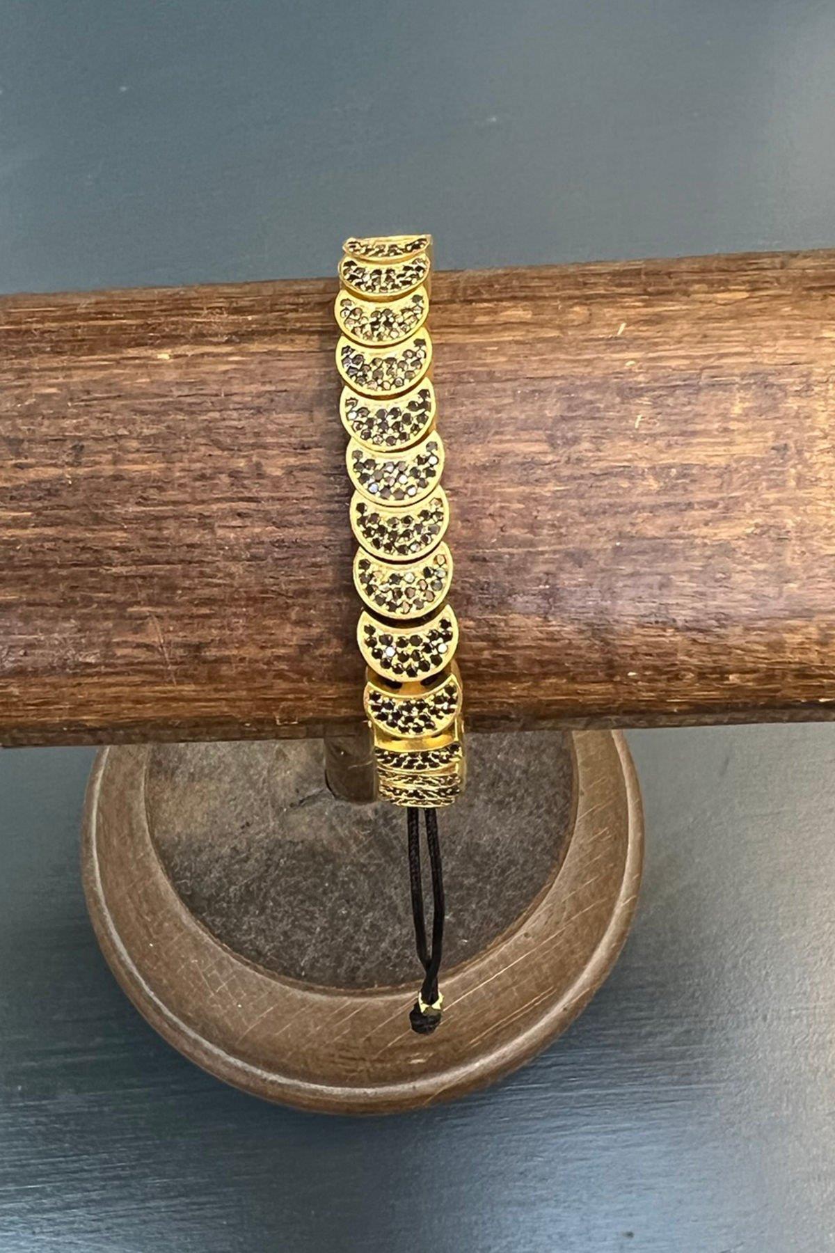 Ay Model Siyah Taşlı Bronz Bileklik By-7284