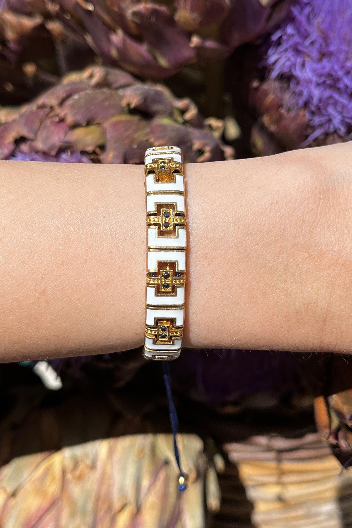 Beyaz Mineli Dikdörtgen Model Bronz Bileklik By-8441