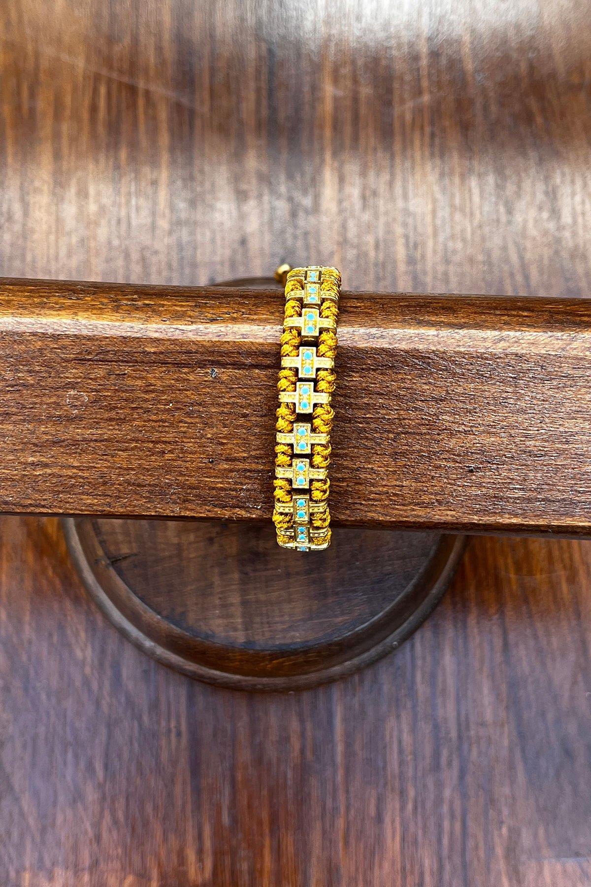 Dikdörtgen Model Mavi Taşlı Düğümlü Bronz Bileklik By-8056