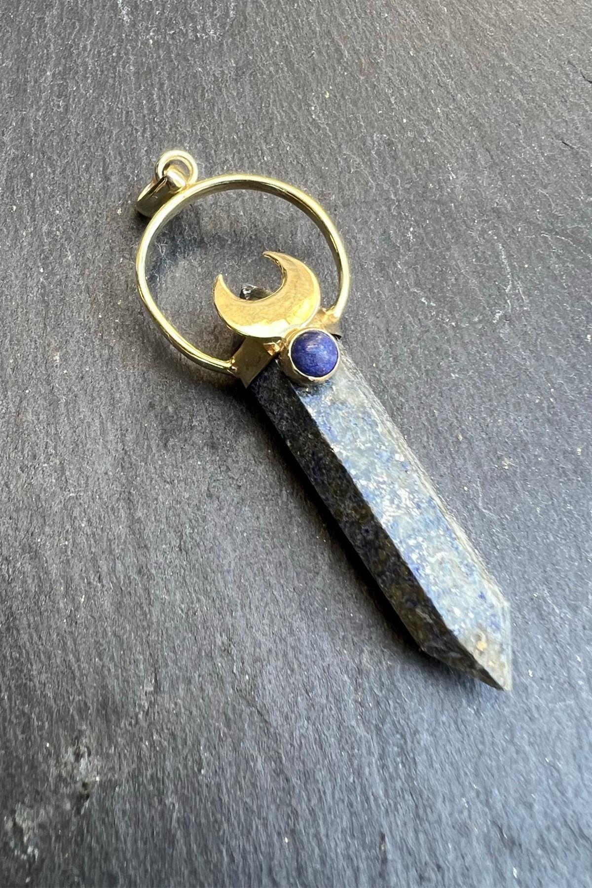 Doğal Taşlı Ay Desenli Gümüş Kolye Ucu By-6130