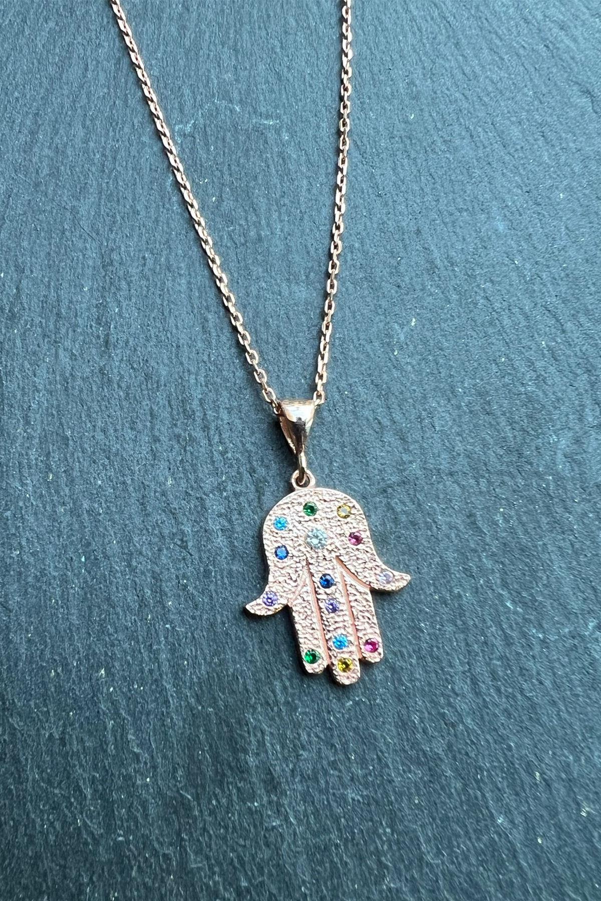 El Desenli Renkli Taşlı Gümüş Kolye By-5900