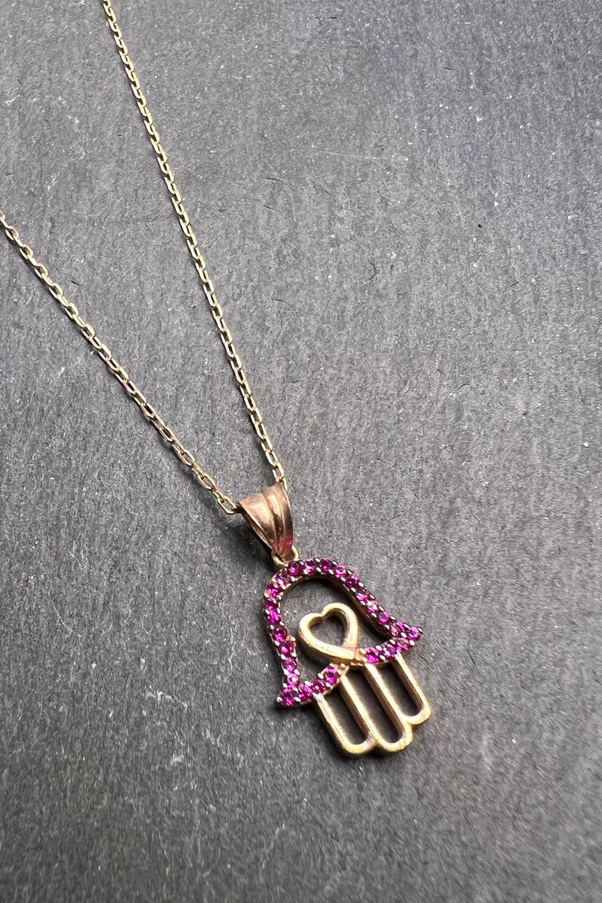 El Modelli Pembe Taşlı Kalpli Gümüş Kolye By-6482