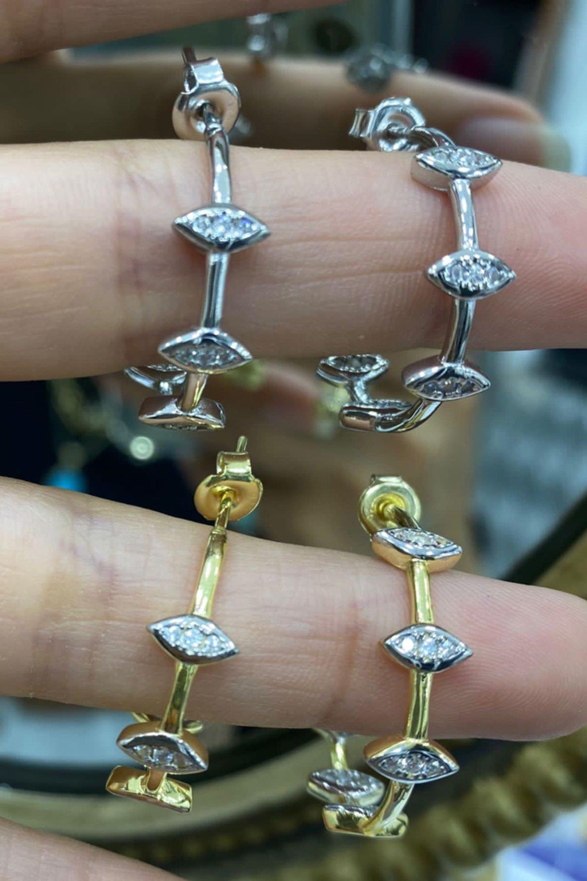 Gold Rengi Taşlı Gümüş Küpe By-6938