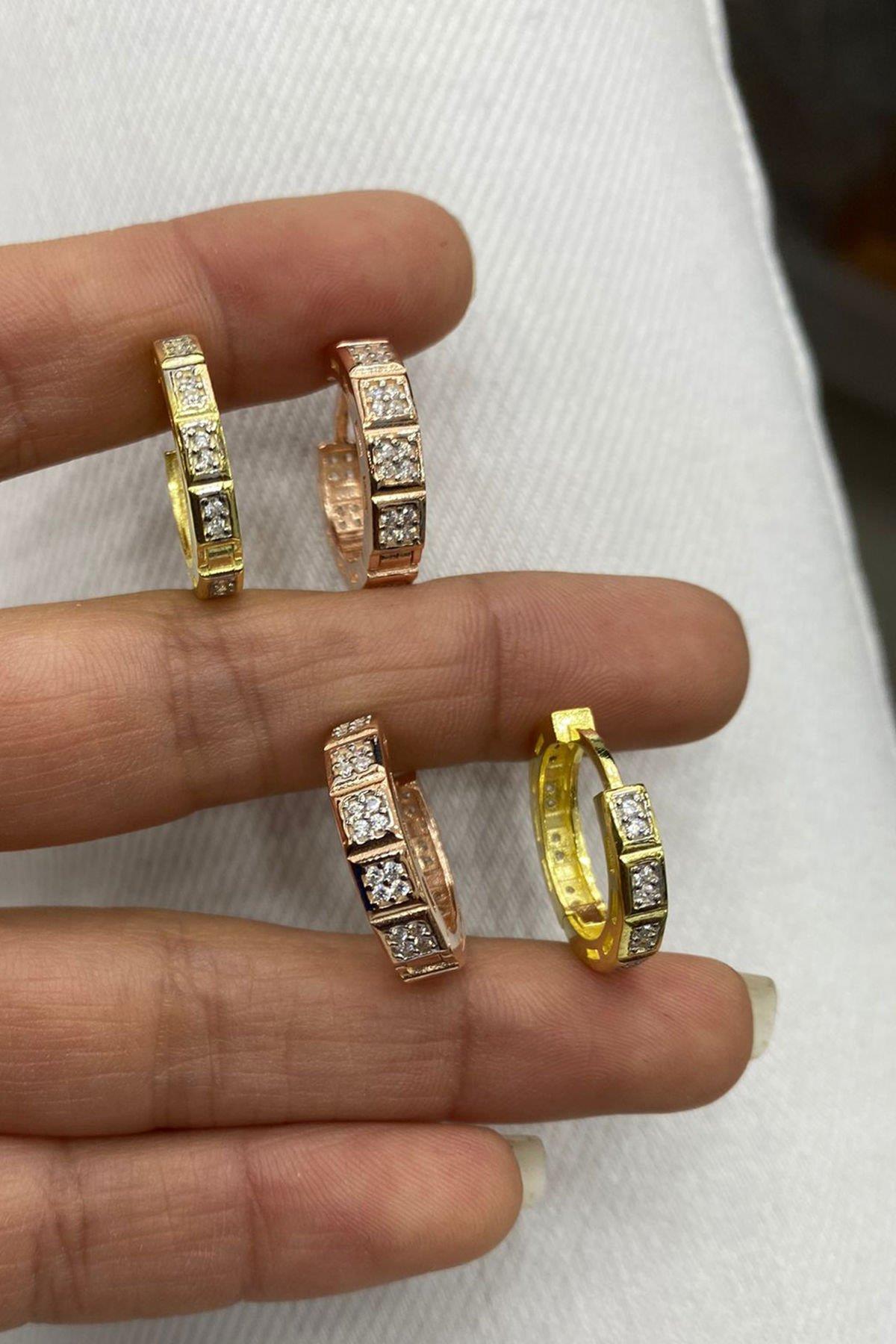 Gold Rengi Taşlı Gümüş Küpe By-6971
